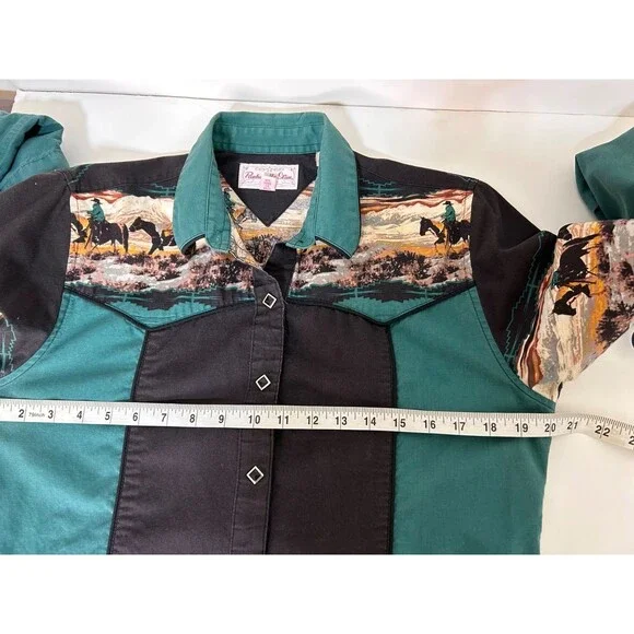 Vintage Panhandle Slim size M Pearl Snap Western Button Down Shirt Horses j - Picture 8 of 12